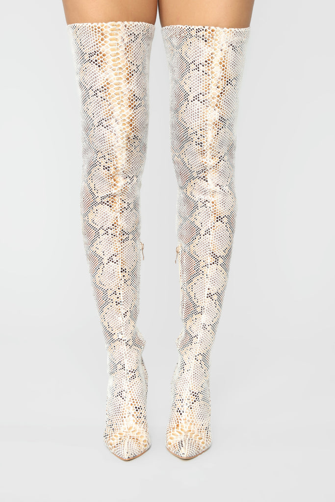 High Voltage Heeled Boots - Beige Snake