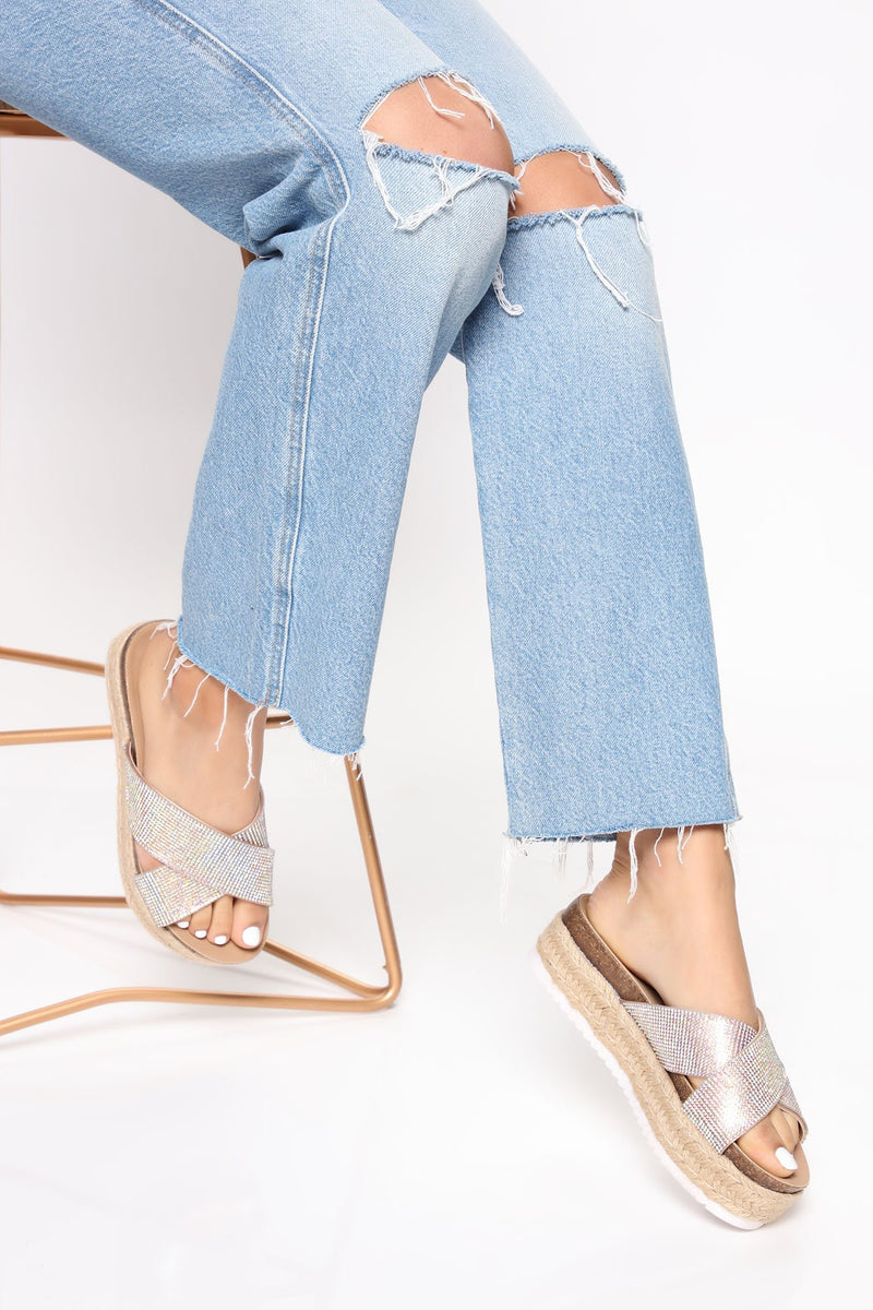 Resort Royalty Rhinestone Flat Sandals - Rose Gold