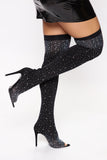 Star Struck Rhinestone Over The Knee Boots - Black