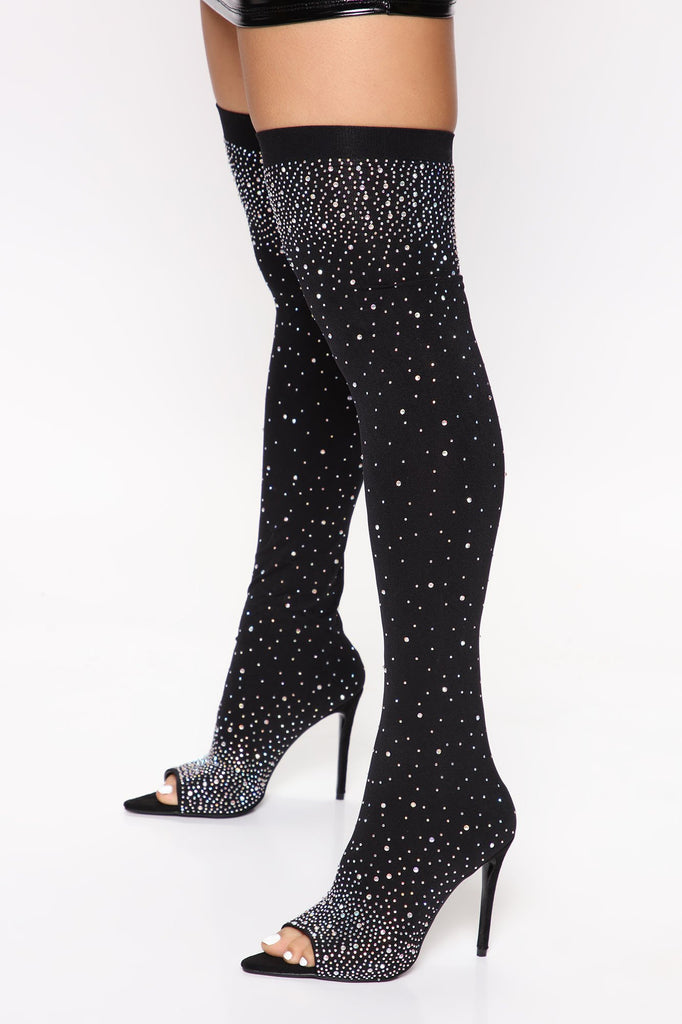 Star Struck Rhinestone Over The Knee Boots - Black