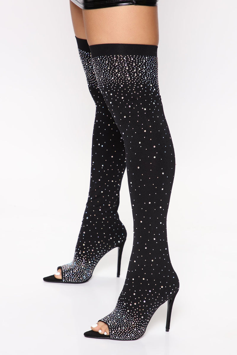 Star Struck Rhinestone Over The Knee Boots - Black