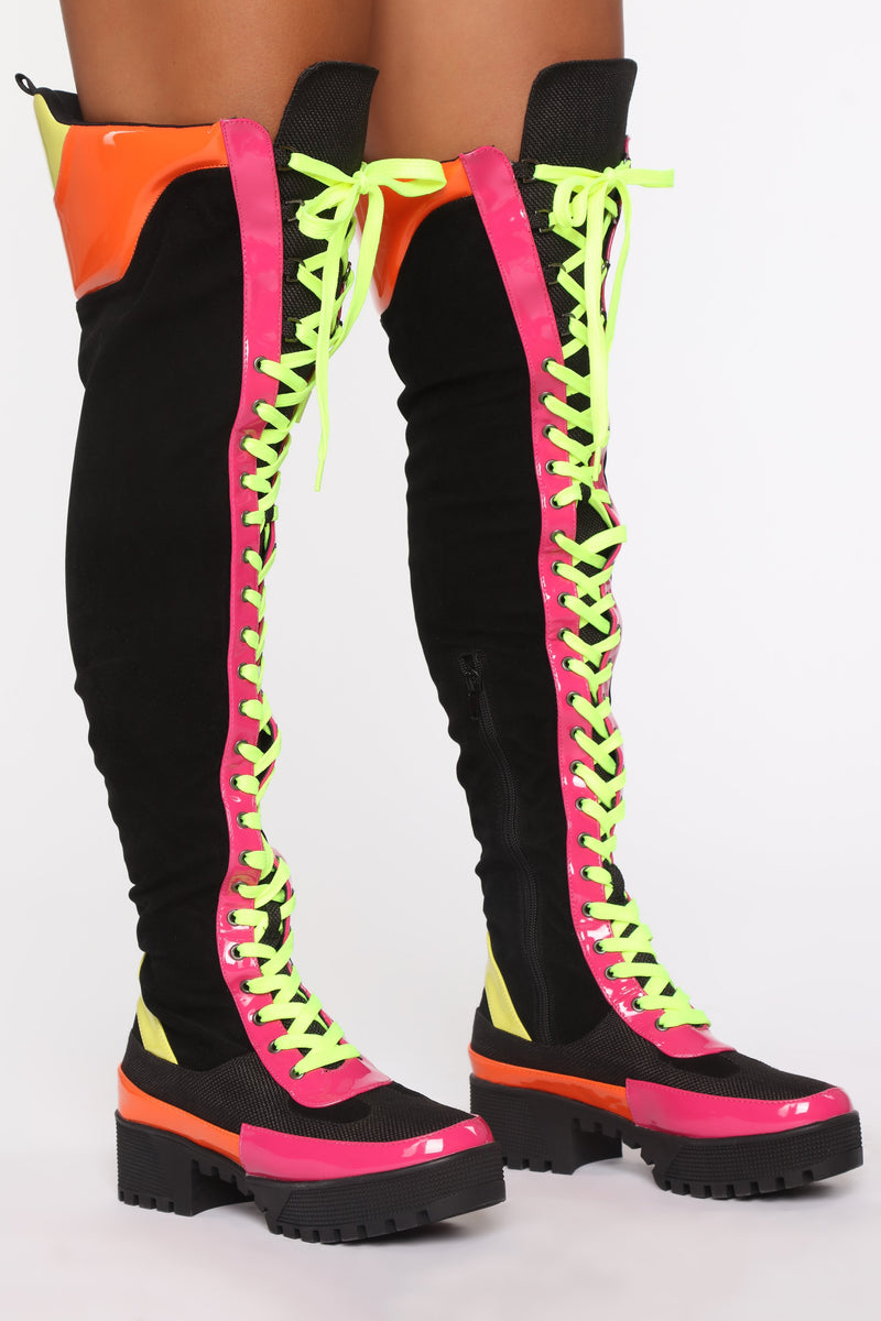 Miss Mischief Over The Knee Boot - Neon