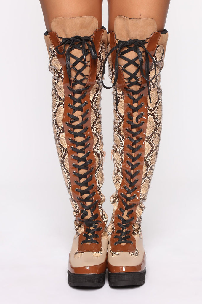 Miss Mischief Snake Over The Knee Boot - Brown