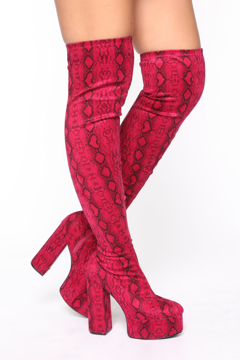 Studio Queen Thigh High Boots - Fuchsia Snake