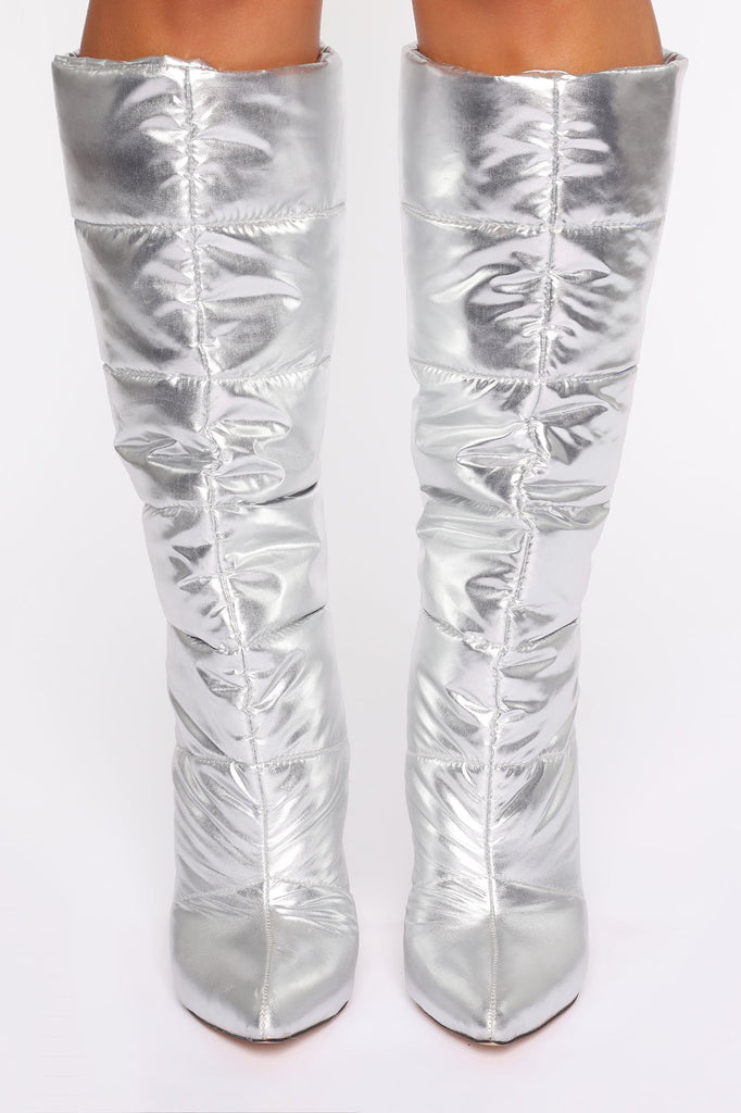 Puffing You Away Heeled Boots - Silver