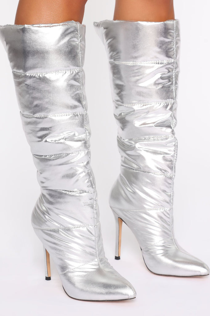 Puffing You Away Heeled Boots - Silver