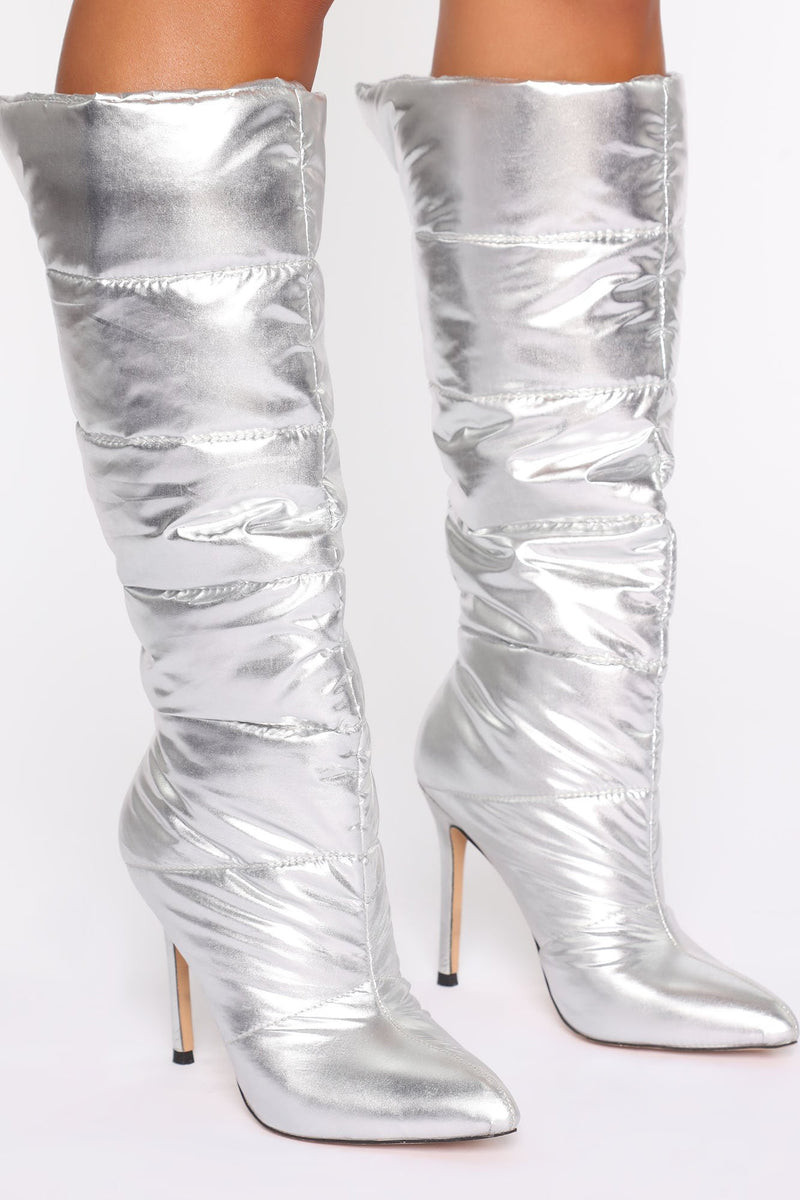 Puffing You Away Heeled Boots - Silver