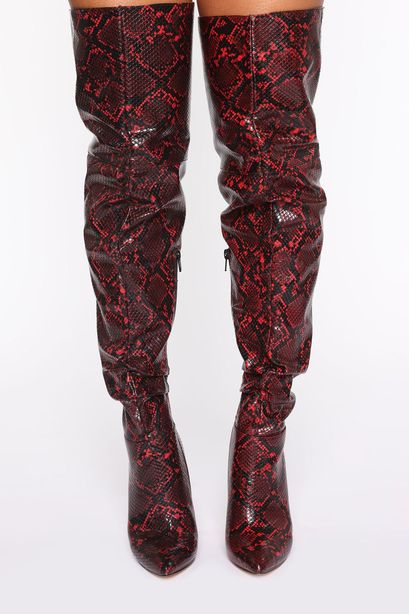 Slither Away Heeled Boots - Red Snake