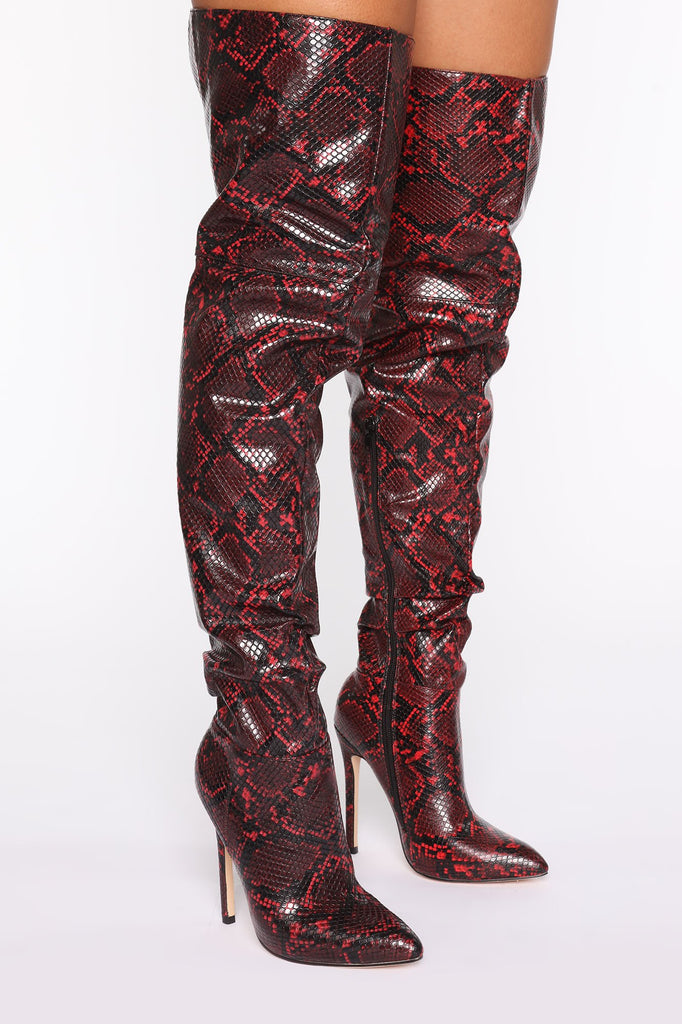 Slither Away Heeled Boots - Red Snake