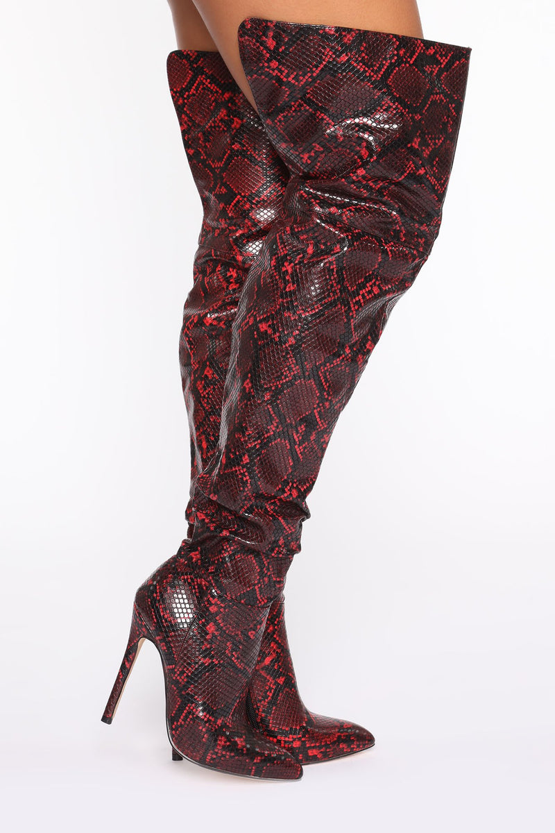 Slither Away Heeled Boots - Red Snake