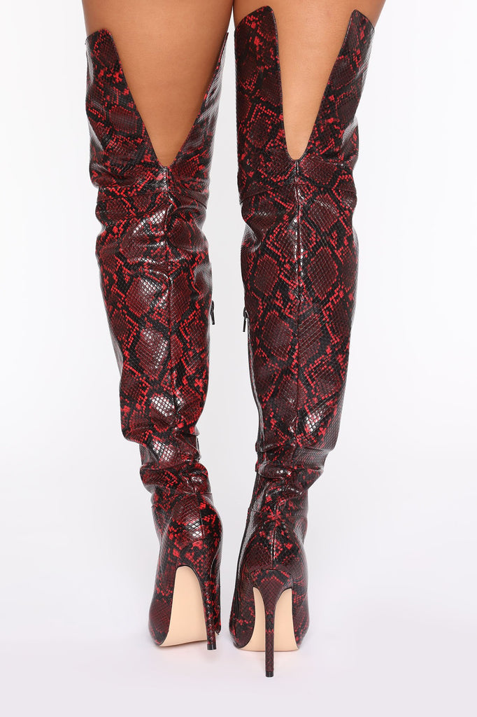 Slither Away Heeled Boots - Red Snake