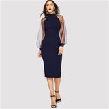 Party Black or Blue Pencil Bodycon Dress With Jacquard Contrast