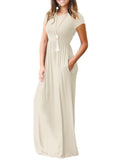 Round Neck  Patch Pocket  Plain Maxi Dress