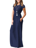Round Neck  Patch Pocket  Plain Maxi Dress