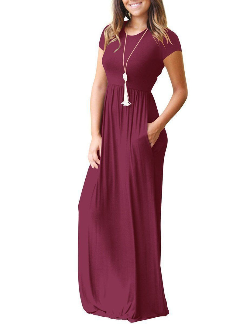 Round Neck  Patch Pocket  Plain Maxi Dress