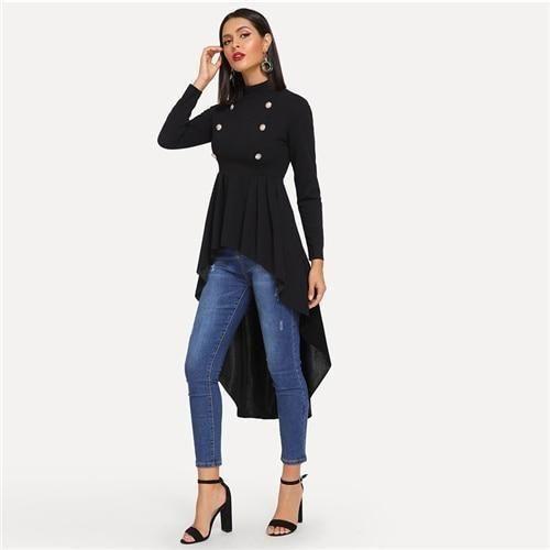 Mock Neck Double Breasted Front Dip Hem Top