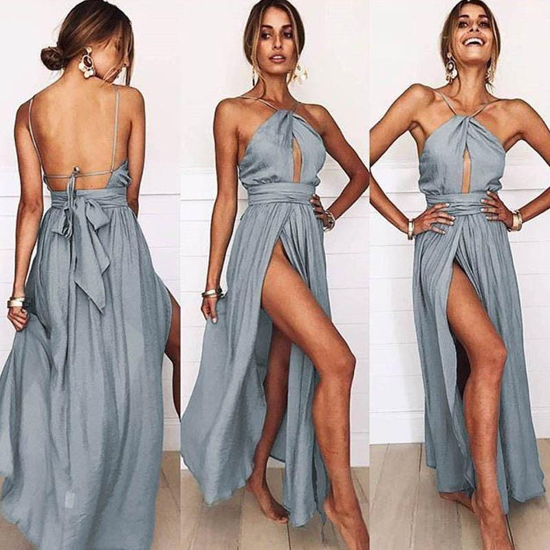 Baby Blue Halter Backless Dress with Keyhole Cutout