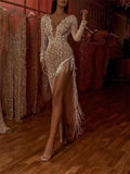 Deep V Long Sleeve Side Slit Asymmetric Dress