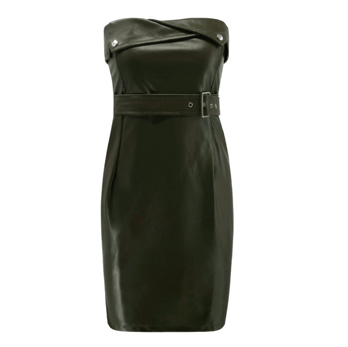 Off Shoulder Artificial Leather Slim Dress-Army Green