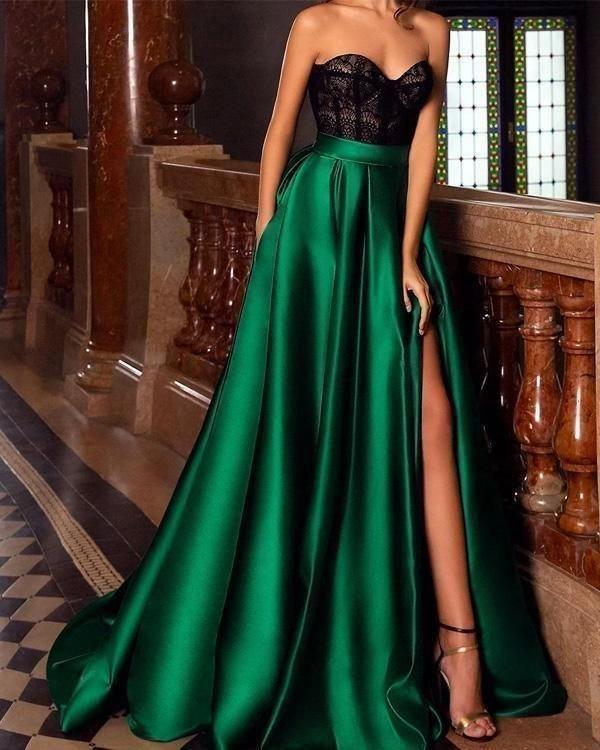 Lace Strapless Green Side-split Evening Dress