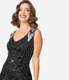 Unique Vintage Black & Silver Sequin Lina Fringe Flapper Dress