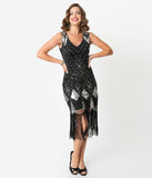 Unique Vintage Black & Silver Sequin Lina Fringe Flapper Dress