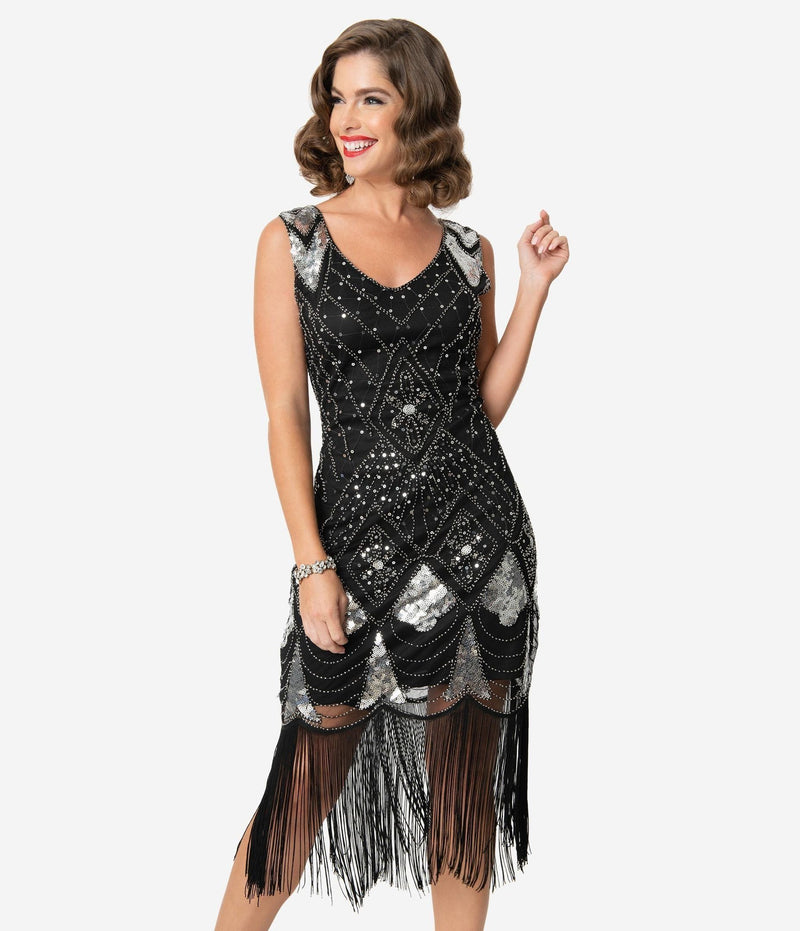 Unique Vintage Black & Silver Sequin Lina Fringe Flapper Dress