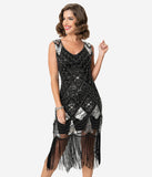 Unique Vintage Black & Silver Sequin Lina Fringe Flapper Dress