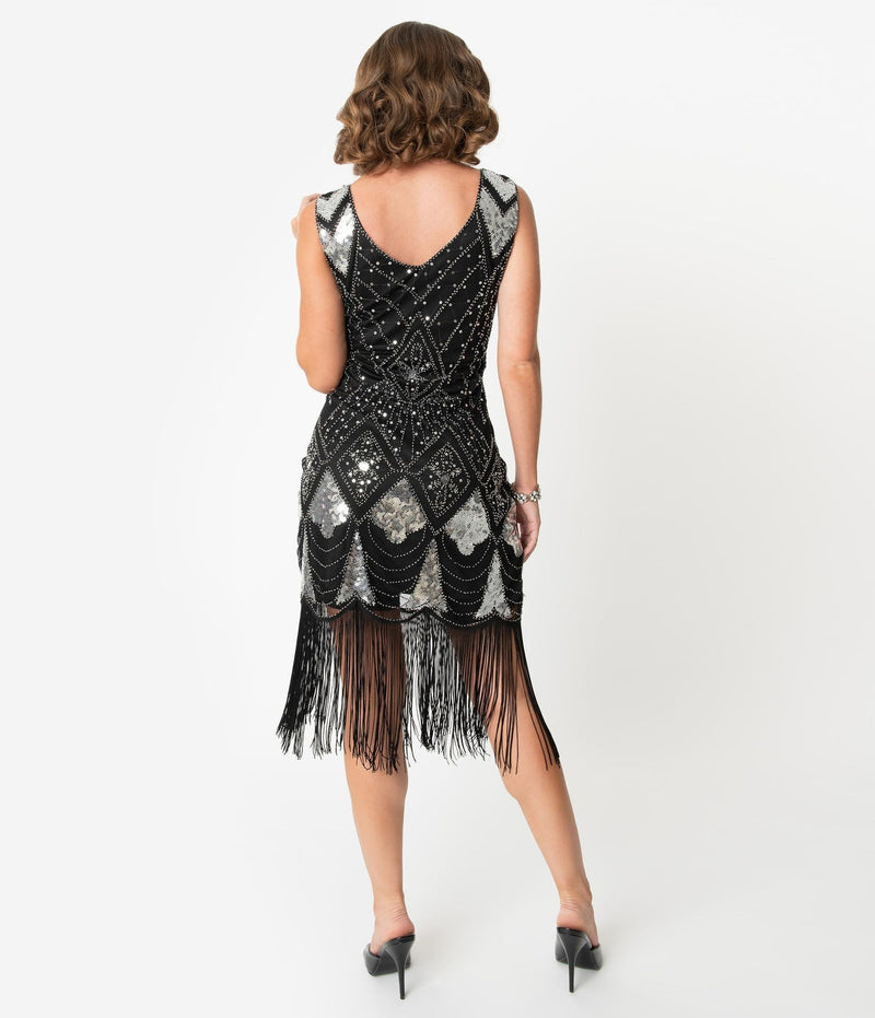 Unique Vintage Black & Silver Sequin Lina Fringe Flapper Dress
