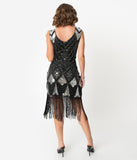 Unique Vintage Black & Silver Sequin Lina Fringe Flapper Dress