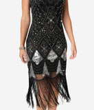 Unique Vintage Black & Silver Sequin Lina Fringe Flapper Dress