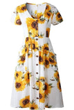 Sunflower Print Short Sleeve Midi Dress