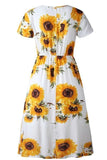 Sunflower Print Short Sleeve Midi Dress