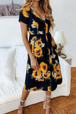 Sunflower Print Short Sleeve Midi Dress