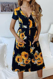 Sunflower Print Short Sleeve Midi Dress