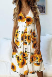 Sunflower Print Short Sleeve Midi Dress