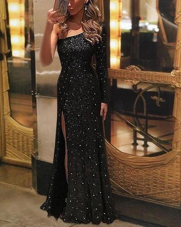 Elegant Slash Neck Spilt Sequin Evening Dress