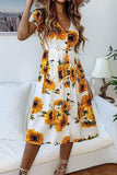 Sunflower Print Short Sleeve Midi Dress