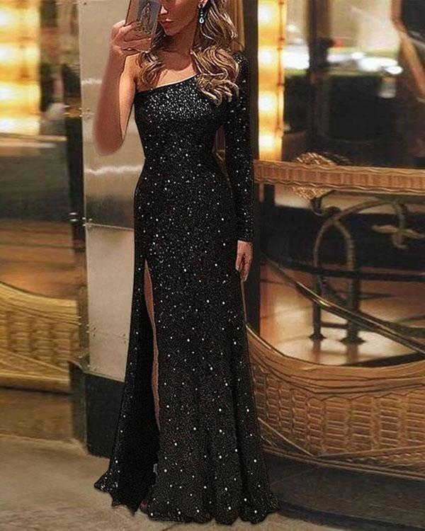 Elegant Slash Neck Spilt Sequin Evening Dress