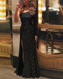 Elegant Slash Neck Spilt Sequin Evening Dress