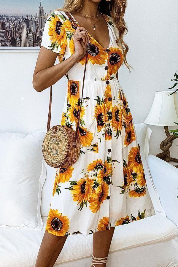 Sunflower Print Short Sleeve Midi Dress