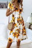 Sunflower Print Short Sleeve Midi Dress