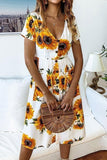 Sunflower Print Short Sleeve Midi Dress
