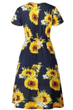 Sunflower Print Short Sleeve Midi Dress