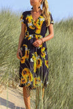 Sunflower Print Short Sleeve Midi Dress