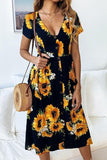 Sunflower Print Short Sleeve Midi Dress