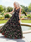 Exquisite V-neck Lace Prom Dresses Long Floral Formal Gowns
