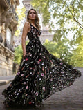 Exquisite V-neck Lace Prom Dresses Long Floral Formal Gowns