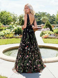 Exquisite V-neck Lace Prom Dresses Long Floral Formal Gowns