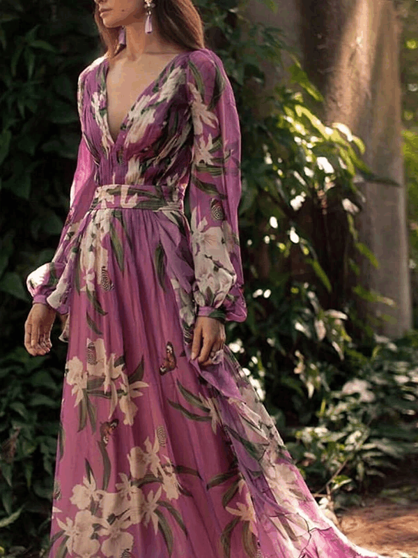 Bohemian Printed Colour V Neck Long Sleeve Pleated Dress